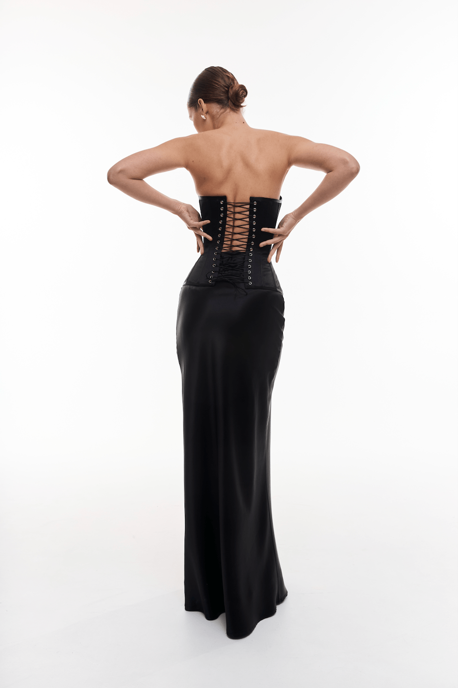 Black Silk Set: Sweetheart Corset, Skirt & Scarf - Room 22