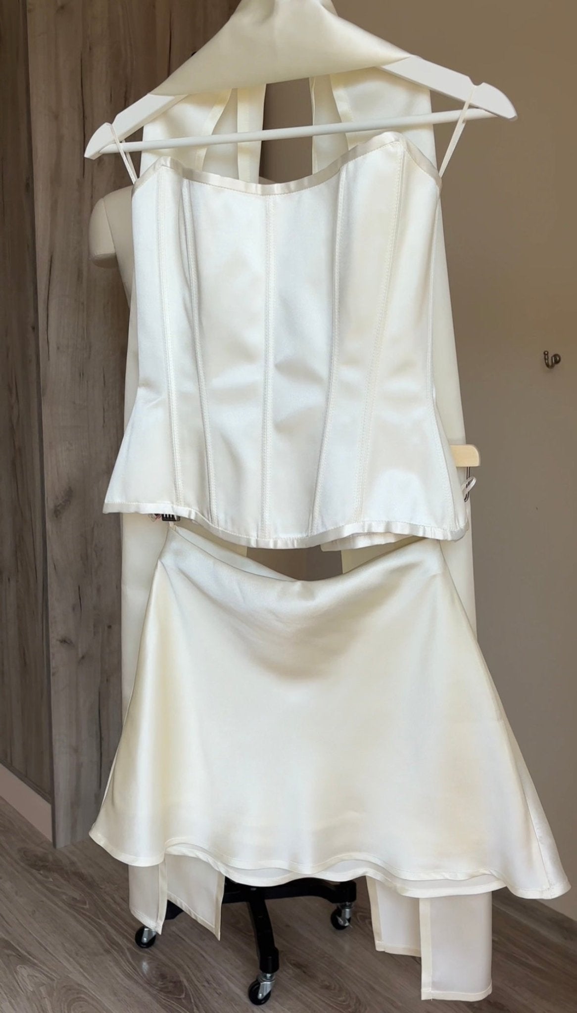 Cream Silk Set: Scoop Neck Corset, Mini Skirt & Scarf - Room 22