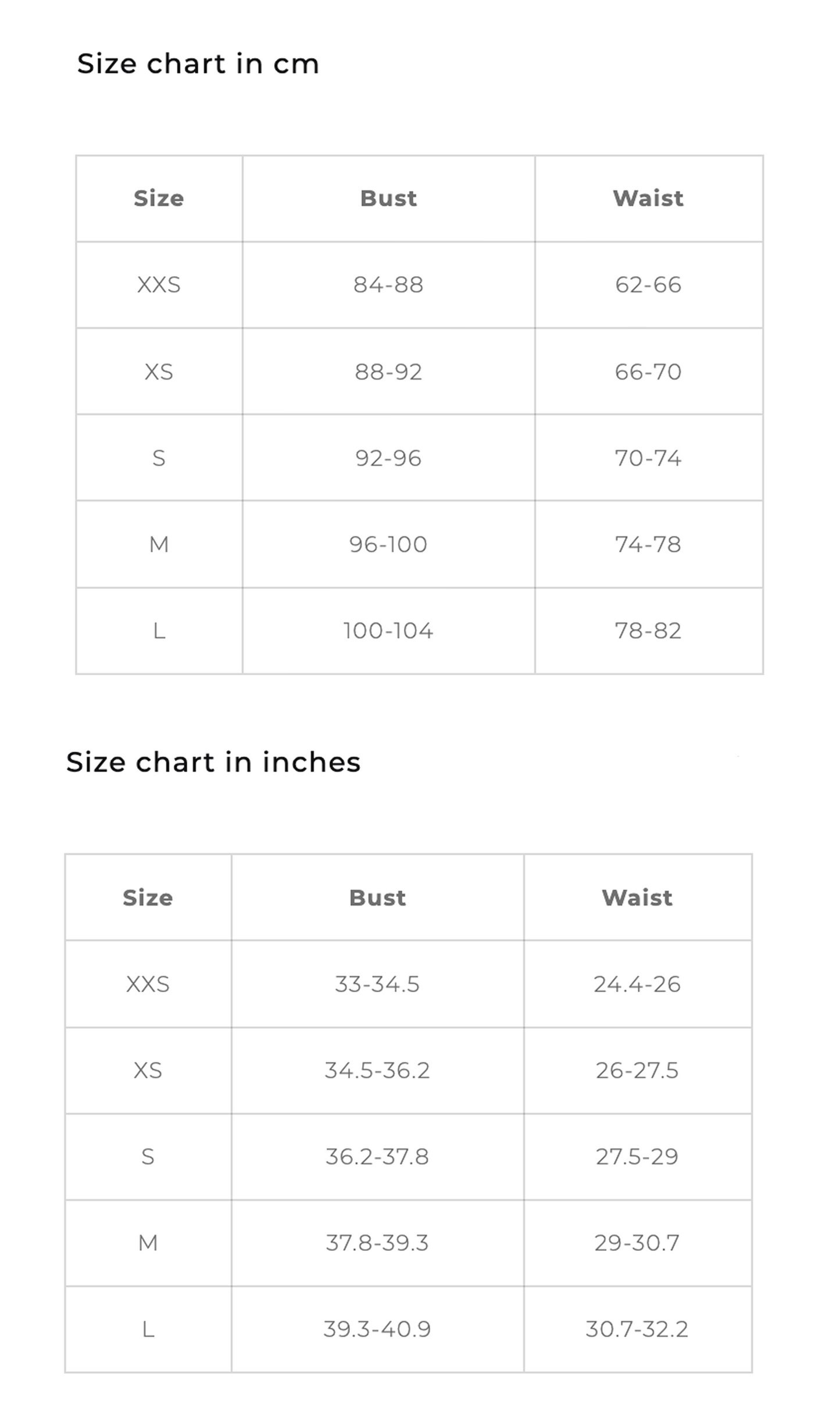 Corset size chart in cm and inches
