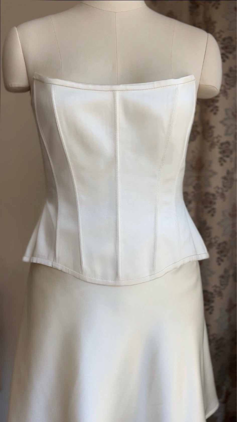 Cream Silk Set: Scoop Neck Corset, Mini Skirt & Scarf