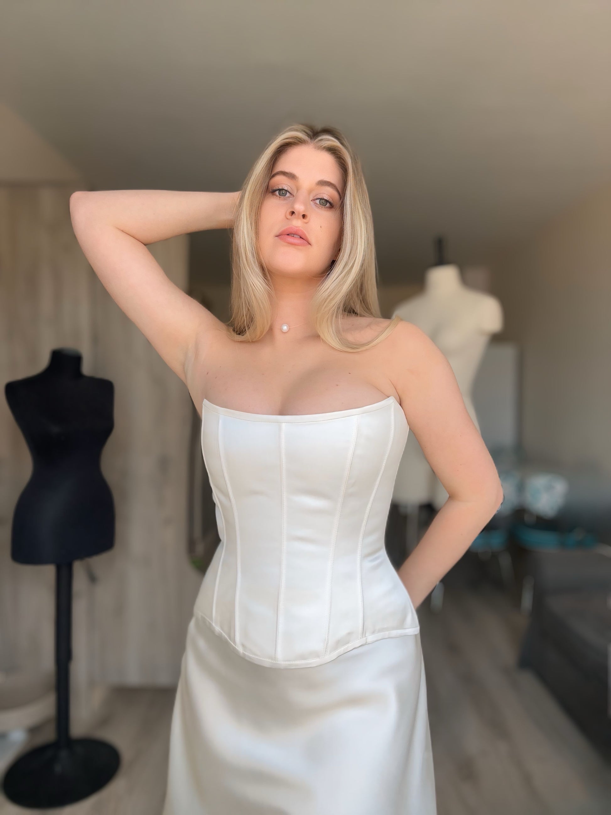 Silk Scoop Neck Corset in Cream