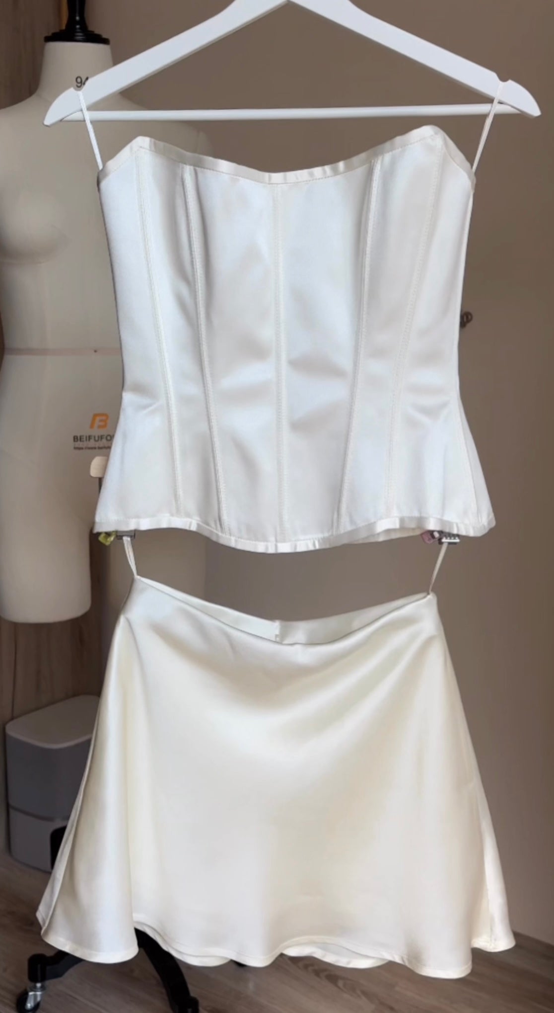 Cream Silk Set: Scoop Neck Corset, Mini Skirt & Scarf