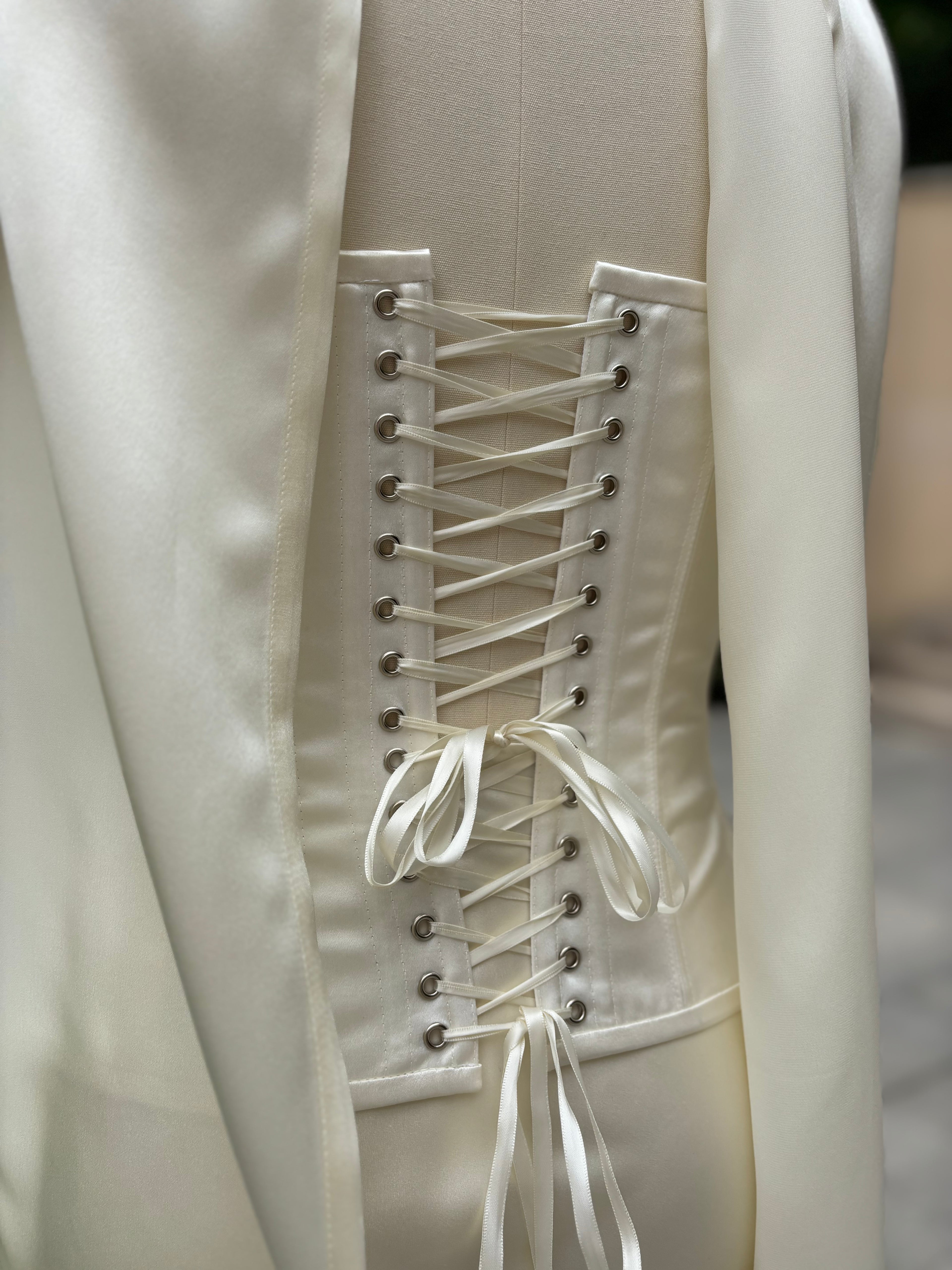 Cream Silk Set: Scoop Neck Corset, Mini Skirt & Scarf